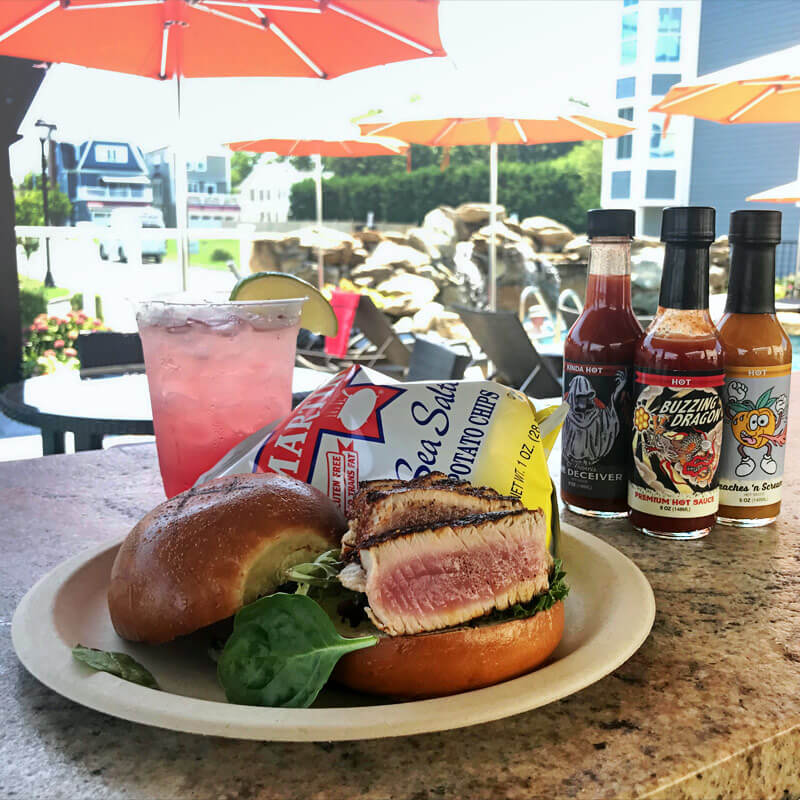 Tuna burger served pool side