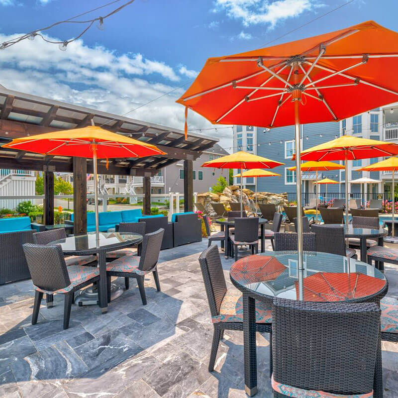 Pool side tables at Cape May Marina Paddle Club